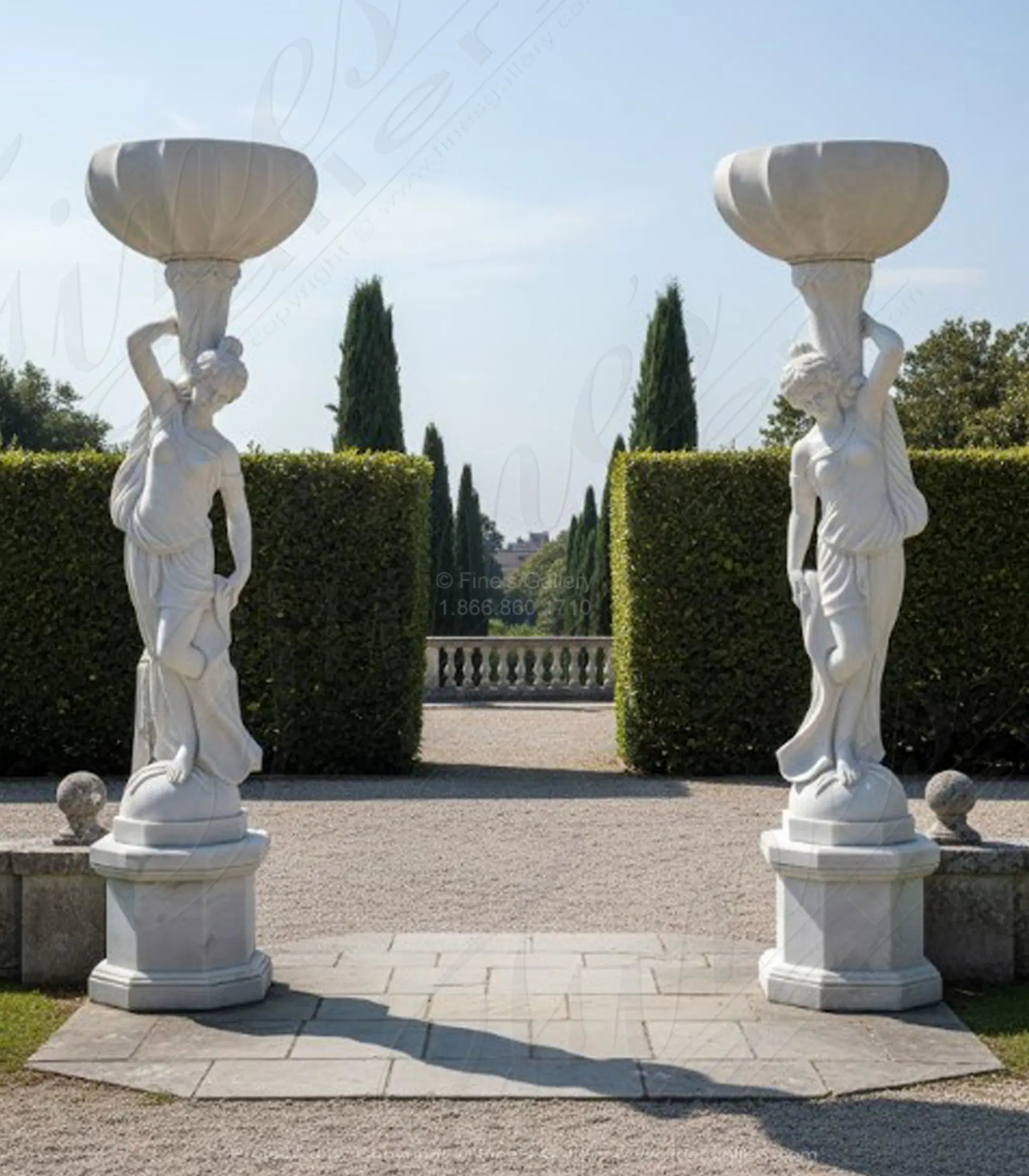Marble Female Statues with Urns - 9ft Tall Pure White Statuary Marble Sculptures with Pedestals