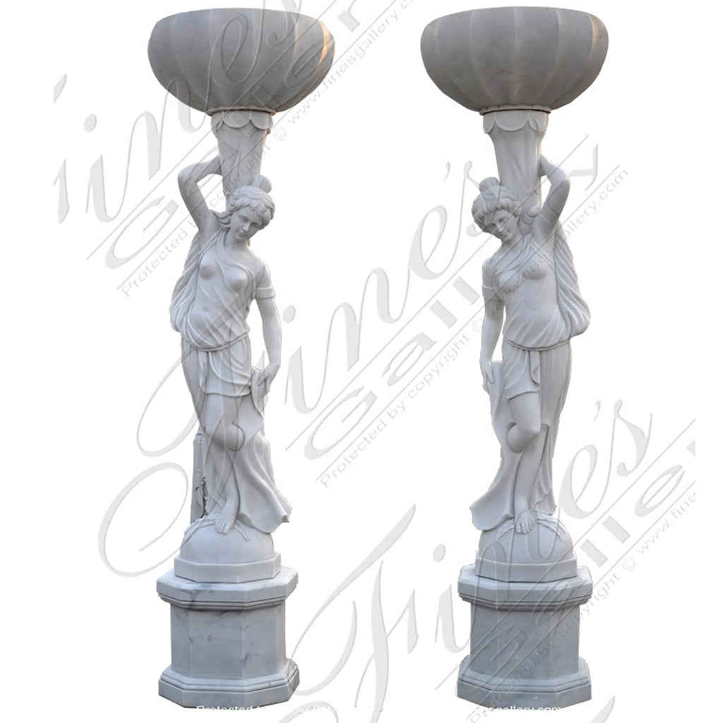 Marble Female Statues with Urns - 9ft Tall Pure White Statuary Marble Sculptures with Pedestals