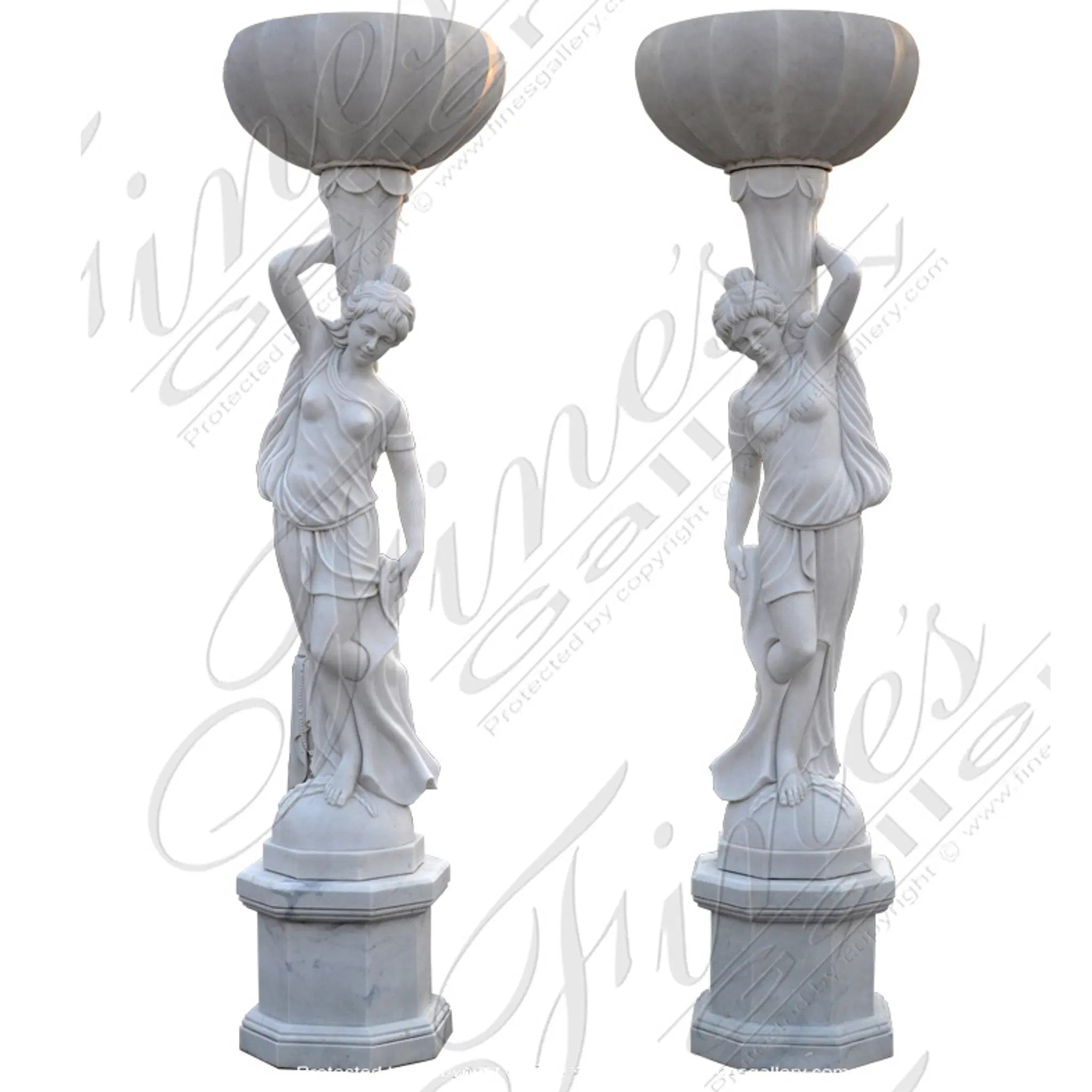 Marble Female Statues with Urns - 9ft Tall Pure White Statuary Marble Sculptures with Pedestals