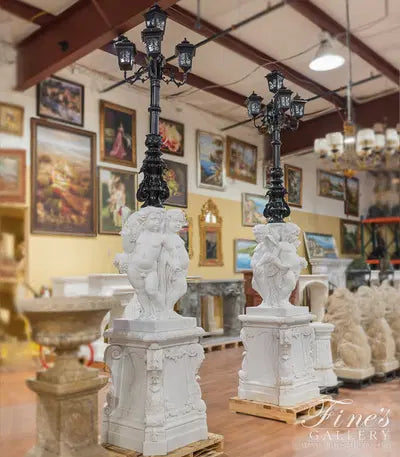 Statuary Marble Cherubim Lamp Post Pair