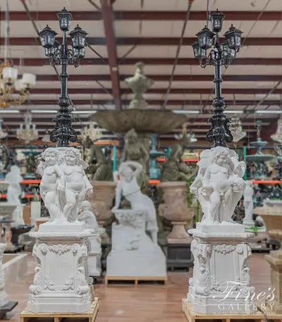 Statuary Marble Cherubim Lamp Post Pair
