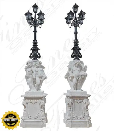 Statuary Marble Cherubim Lamp Post Pair