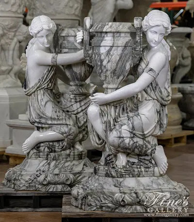Kneeling Maidens Marble Urn Pair