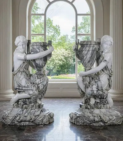 Kneeling Maidens Marble Urn Pair
