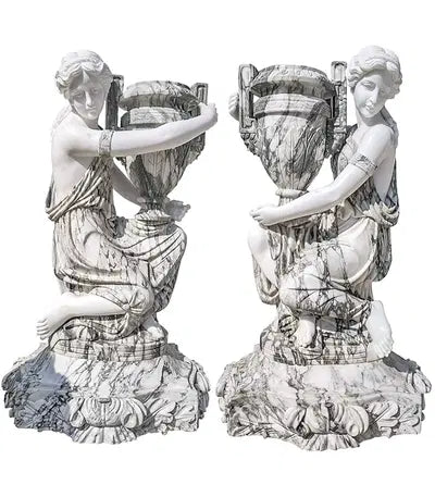 Kneeling Maidens Marble Urn Pair